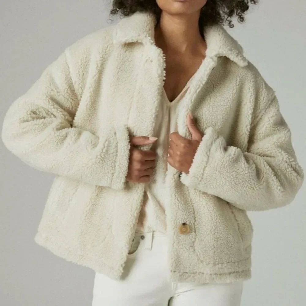 Lucky Brand Cream Sherpa Fleece Quilt Lined Button Up Teddy Shirt Jacket